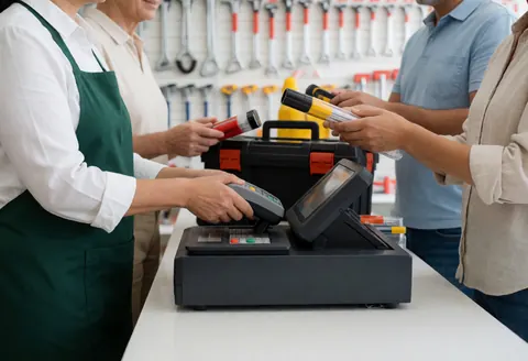 Un caissier derrière le comptoir d'une quincaillerie sert un client. Une caisse enregistreuse et une boîte à outils sont visibles sur le comptoir lors de la transaction.
