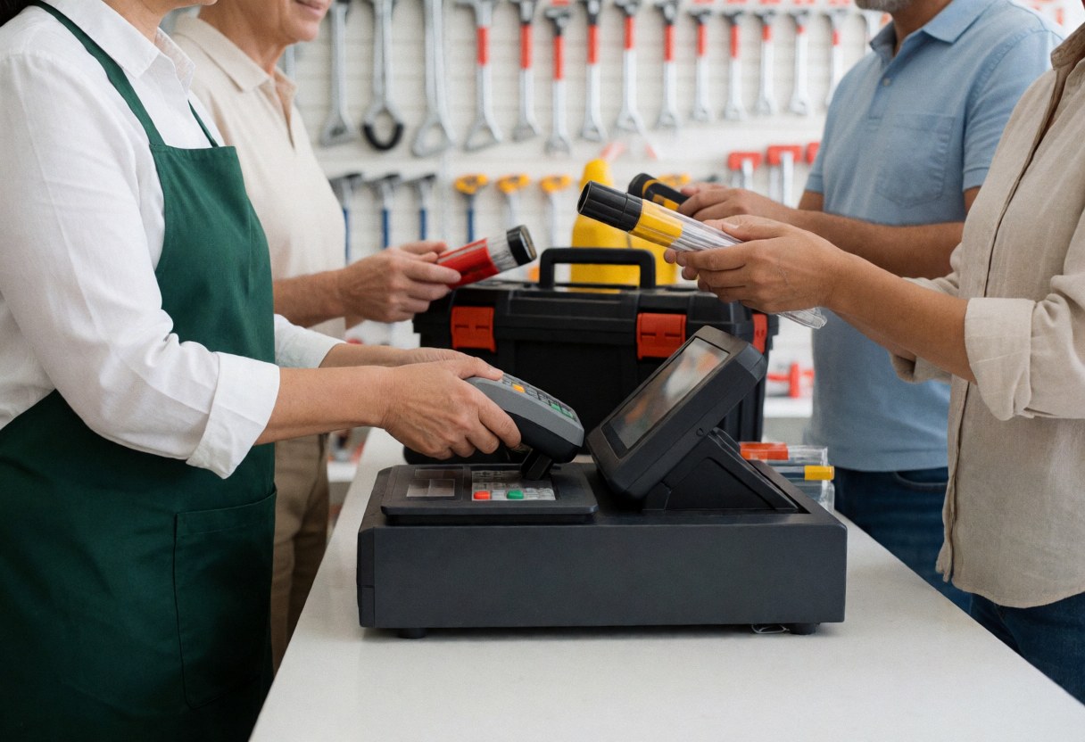 Un caissier derrière le comptoir d'une quincaillerie sert un client. Une caisse enregistreuse et une boîte à outils sont visibles sur le comptoir lors de la transaction.