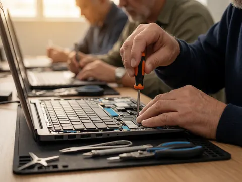 Technicien utilisant un tournevis pour réparer un ordinateur portable ouvert sur une surface anti-décharge dans un atelier informatique.