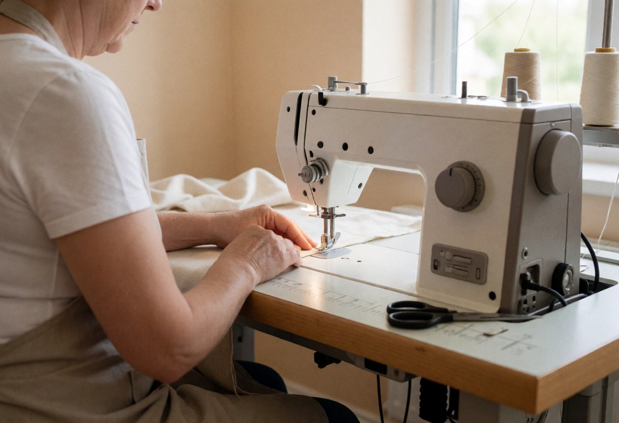 Vue rapprochée d'une personne en train de coudre avec une machine à coudre dans un atelier.