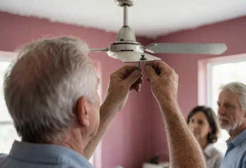 Technicien ajuste l'équilibrage d'un ventilateur de plafond dans une pièce aux murs roses éclairée par la lumière naturelle.