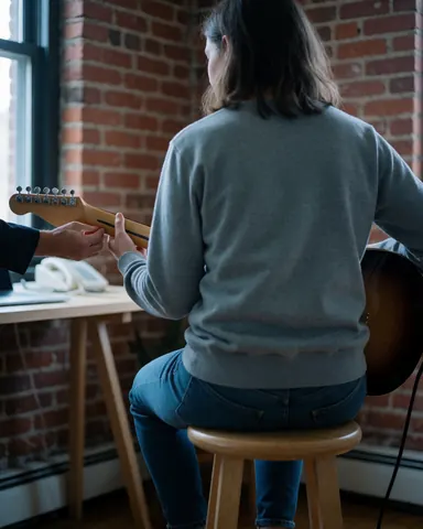 Un professeur guide la position des doigts d'un élève jouant de la guitare dans un atelier aux murs en briques, illustrant un cours de musique.