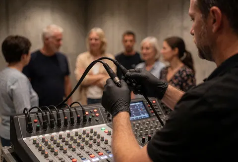 Un technicien en gants noirs ajuste un câble XLR sur un mixeur de son lors d'un événement, avec un public en arrière-plan dans une salle aux murs de béton et à l'éclairage chaud.