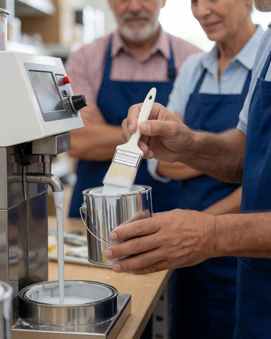 Un employé utilise une machine pour mélanger de la peinture avec un pinceau et un récipient métallique, tandis que deux autres travailleurs observent en arrière-plan.