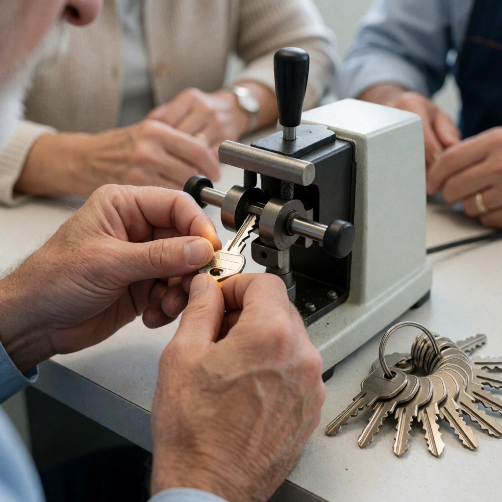 Des mains d'adulte utilisent une machine pour dupliquer une clé, avec plusieurs clés métalliques enchaînées posées sur le comptoir de l'atelier.