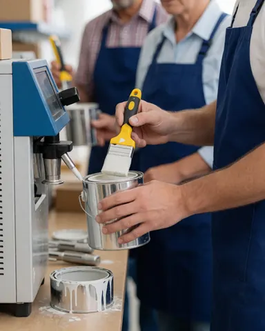 Un employé de magasin de bricolage utilise un pinceau et une machine pour mélanger de la peinture, avec des outils et du produit visible.