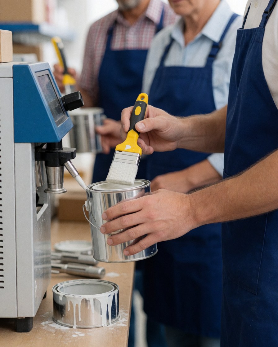 Un employé de magasin de bricolage utilise un pinceau et une machine pour mélanger de la peinture, avec des outils et du produit visible.
