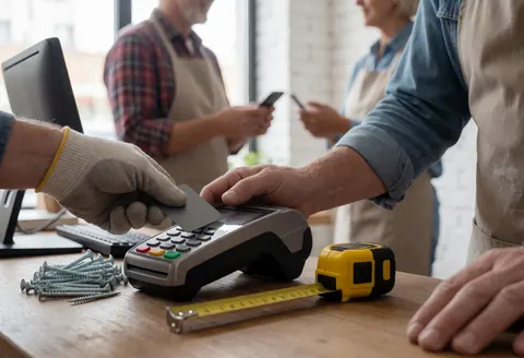 Gant insérant une carte dans un terminal de paiement sur un comptoir en bois avec outils et vis, dans un magasin de bricolage.