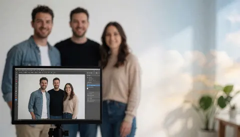 Moniteur montrant une photo de groupe en studio avec fond blanc, plantes vertes et lumière naturelle pour illustration de services photographiques professionnels.