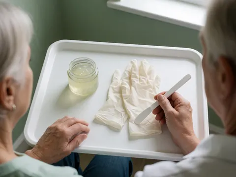 Une main tient une spatule au-dessus d'un plateau contenant du gel et des gants en nitrile, pour la préparation d'un soin relaxant.