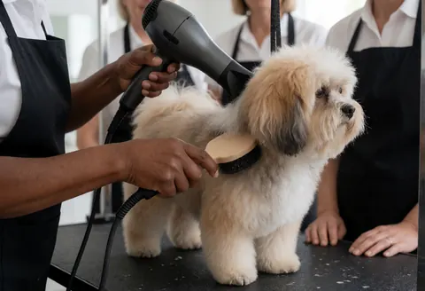 Un groomer utilise un sèche-cheveux et une brosse pour entretenir le pelage d'un chien dans un salon de toilettage canin.