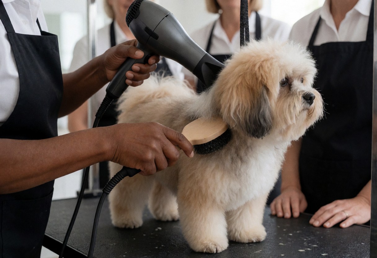 Un groomer utilise un sèche-cheveux et une brosse pour entretenir le pelage d'un chien dans un salon de toilettage canin.