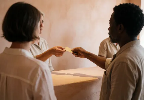 Un membre du personnel de l'hôtel remet une clé à un client dans un hall lumineux aux murs terracotta et au mobilier épuré.