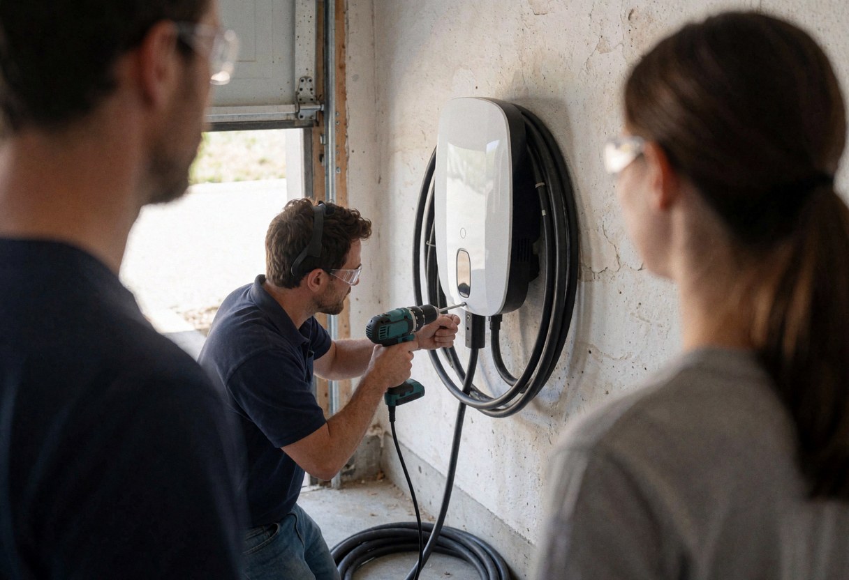 Un technicien fixe un chargeur électrique blanc au mur du garage avec un câble noir, deux personnes observent la scène depuis l'arrière.