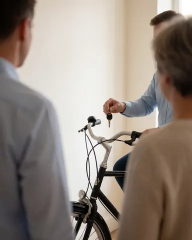Une cliente tient la clé d'un vélo-taxi dans ses mains lors d'une remise en main propre dans un local professionnel.
