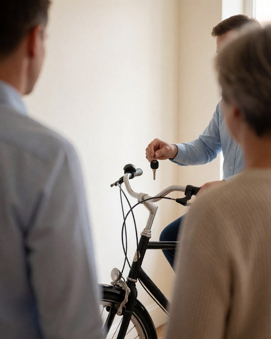 Une cliente tient la clé d'un vélo-taxi dans ses mains lors d'une remise en main propre dans un local professionnel.
