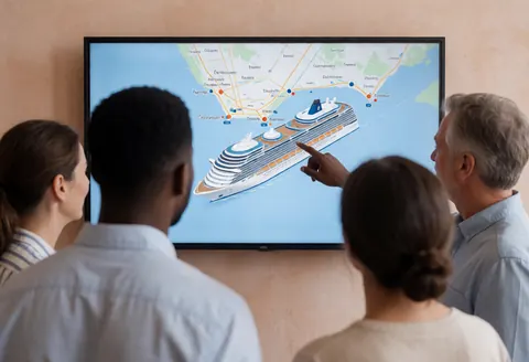 Un groupe de clients observe un itinéraire de croisière affiché sur un grand écran dans une agence de voyages aux murs clairs.