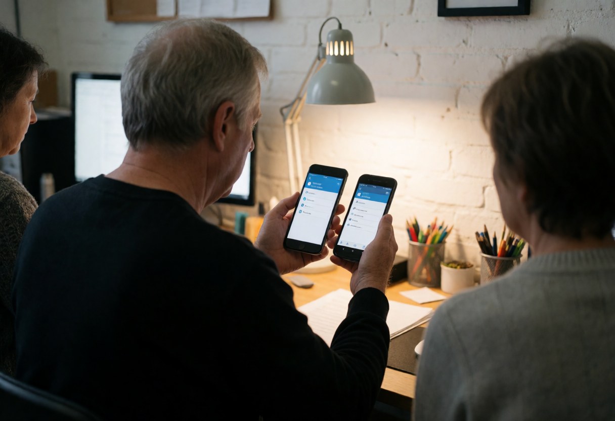 Un développeur montre une application synchronisée sur deux téléphones devant un mur de briques blanches dans un bureau éclairé.