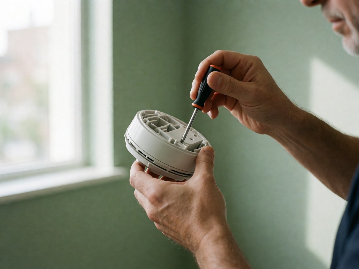 Un technicien utilise un tournevis pour ouvrir un récepteur de ventilateur blanc fixé sur un mur vert, dans des conditions de lumière naturelle.