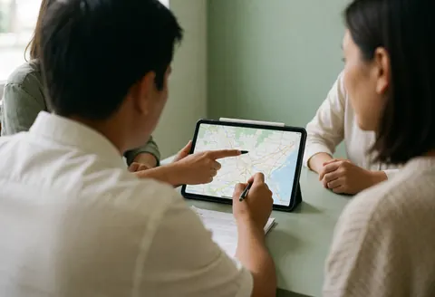 Un agent de voyage montre un itinéraire sur une tablette à des clients assis à une table de consultation avec un mur vert en arrière-plan.