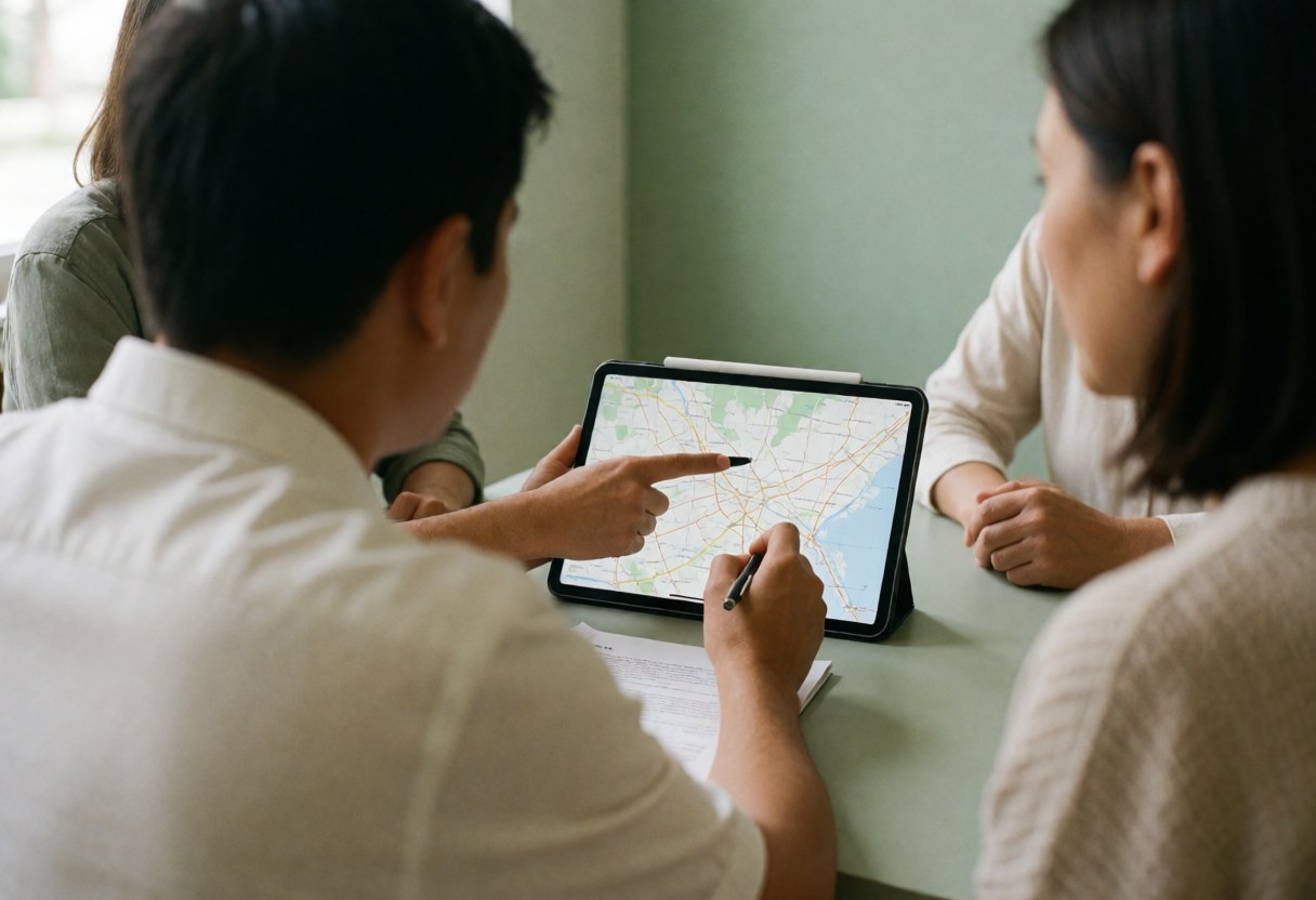 Un agent de voyage montre un itinéraire sur une tablette à des clients assis à une table de consultation avec un mur vert en arrière-plan.