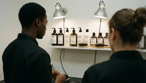 Un groomer travaille dans un salon avec des étagères de produits et des lumières sur le comptoir.