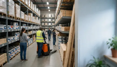 Un employé manœuvre un transpalette dans un entrepôt de quincaillerie, entouré d'étagères chargées de peinture et de planches de bois, avec un espace vide à droite pour ajouter du texte.