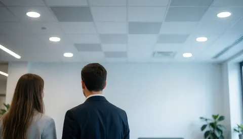 Vue sur un plafond moderne blanc équipé de spots encastrés dans un espace de coworking lumineux.