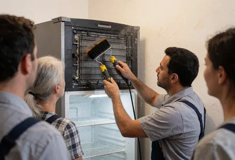 Un technicien en uniforme utilise une brosse pour nettoyer les bobines arrière d'un réfrigérateur pendant que trois personnes observent la prestation de service dans une cuisine.
