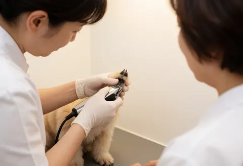Un groomer avec des gants blancs coupe les ongles d'un chien avec des ciseaux électriques dans un salon de toilettage canin aux murs chaleureux.