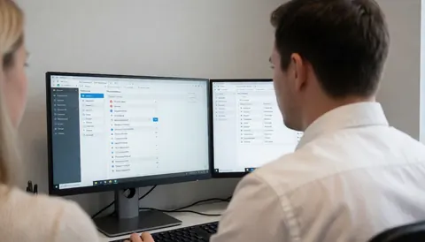 Deux personnes travaillant sur des ordinateurs avec des panneaux d'administration dans un bureau aux murs gris clair, pour le secteur logiciel et les startups.