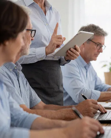 Un professionnel présente des informations sur une tablette tandis que d'autres collaborent sur des ordinateurs portables dans un bureau moderne.