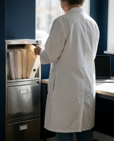 Un professionnel en blouse blanche tient un dossier dans un bureau aux murs bleus avec une lumière naturelle.