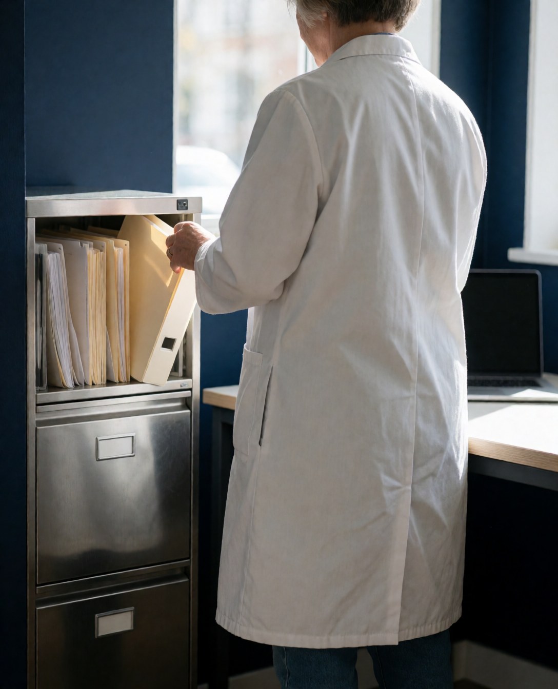 Un professionnel en blouse blanche tient un dossier dans un bureau aux murs bleus avec une lumière naturelle.