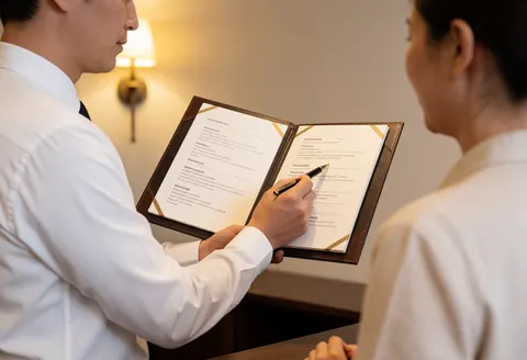 Un concierge d'hôtel montre un menu en cuir à un client avec un stylo, la lumière du mur éclaire le hall.
