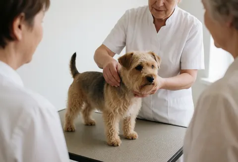 Un groomer en uniforme blanc prend soin d'un chien terrier posé sur une table de travail dans un salon de toilettage canin aux murs blancs.