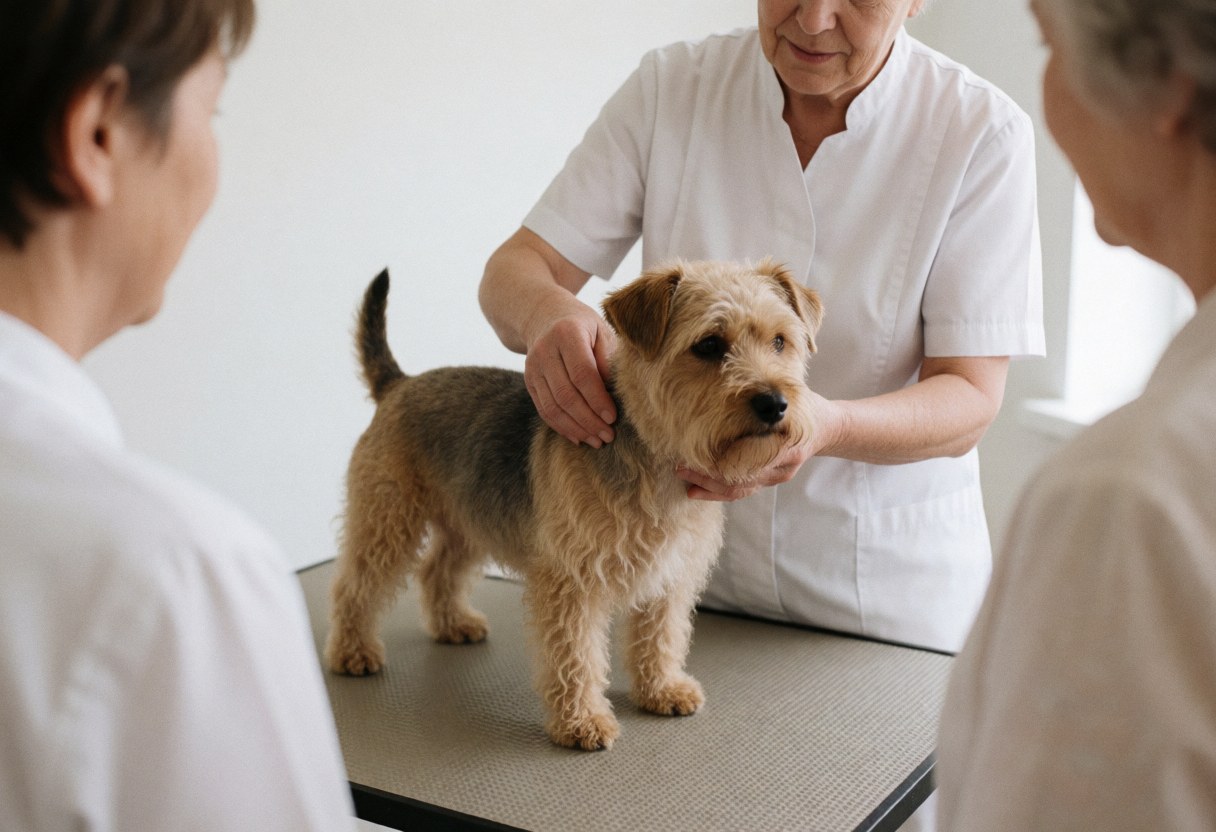 Un groomer en uniforme blanc prend soin d'un chien terrier posé sur une table de travail dans un salon de toilettage canin aux murs blancs.