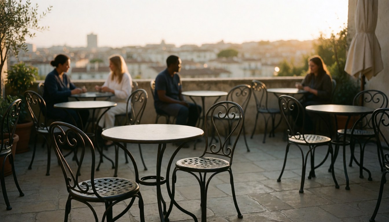 Terrasse d'hôtel avec tables rondes et chaises en fer forgé sur pierre, ville en arrière-plan au coucher du soleil, idéale pour une page d'accueil web.