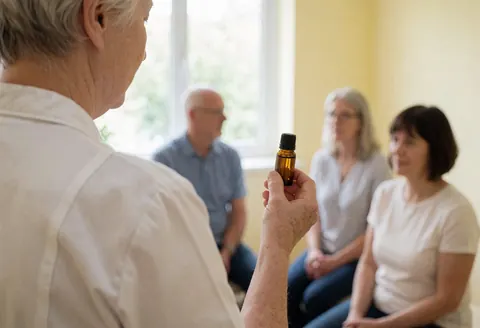 Un thérapeute de massage geriatrique tient une bouteille d'huile devant un groupe de personnes assises dans une salle aux murs jaunes et à la lumière naturelle.