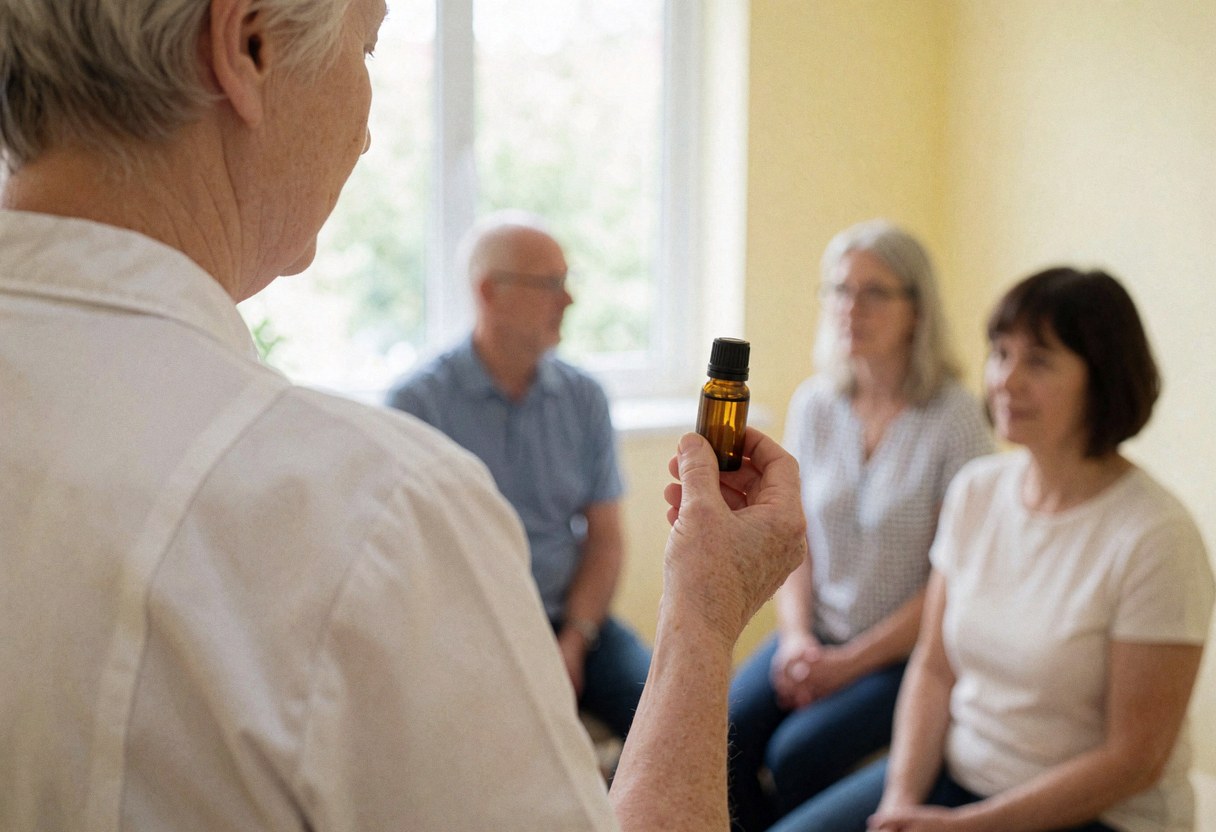 Un thérapeute de massage geriatrique tient une bouteille d'huile devant un groupe de personnes assises dans une salle aux murs jaunes et à la lumière naturelle.