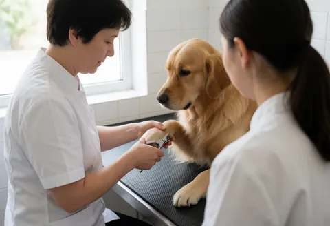 Un groomer en uniforme blanc coupe les griffes d'un golden retriever avec des ciseaux en acier inoxydable sur une table en caoutchouc dans un salon de toilettage.