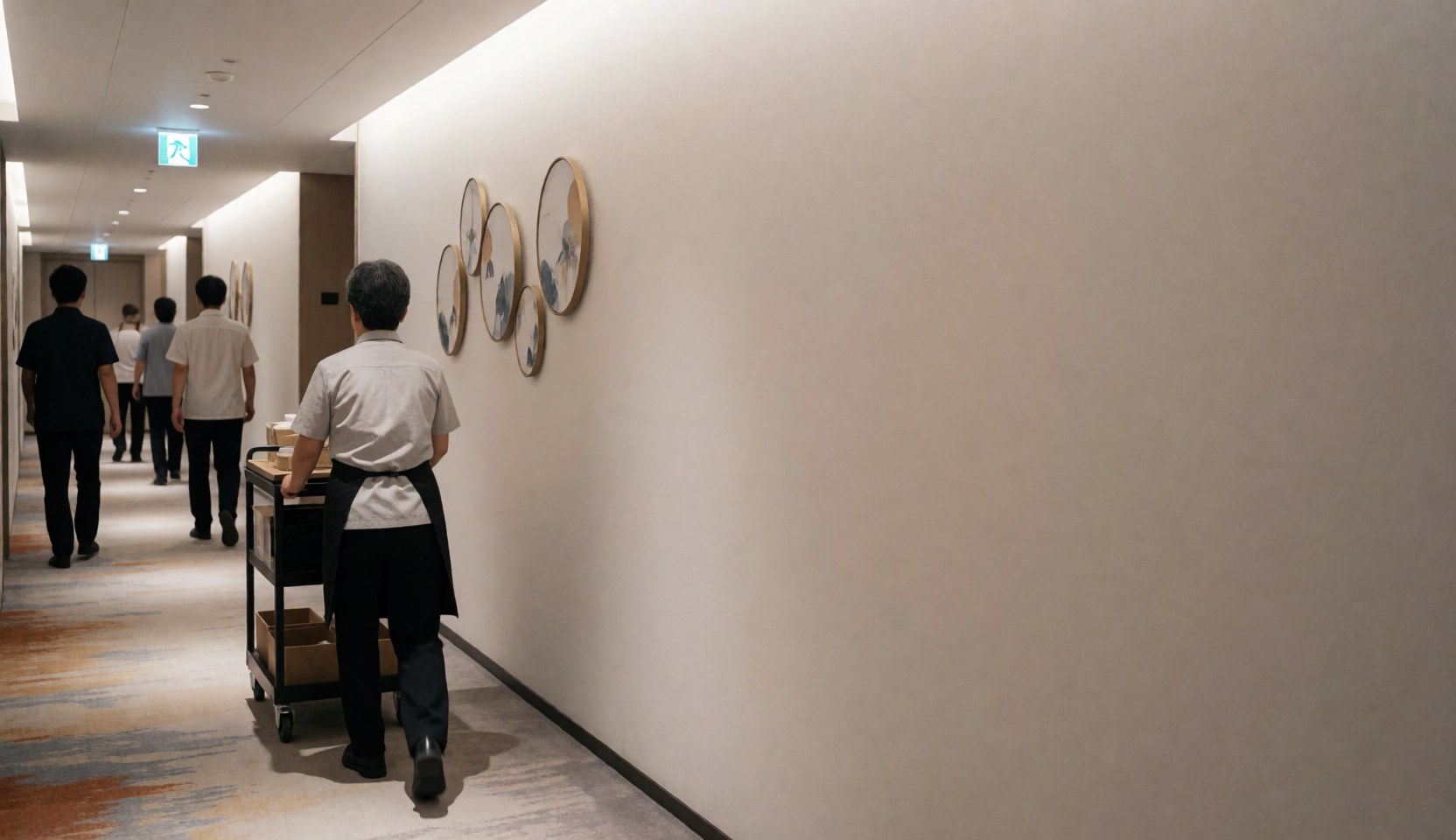 Un agent de nettoyage pousse un charrier dans le couloir d'un hôtel, avec de l'art mural et une lumière chaude.