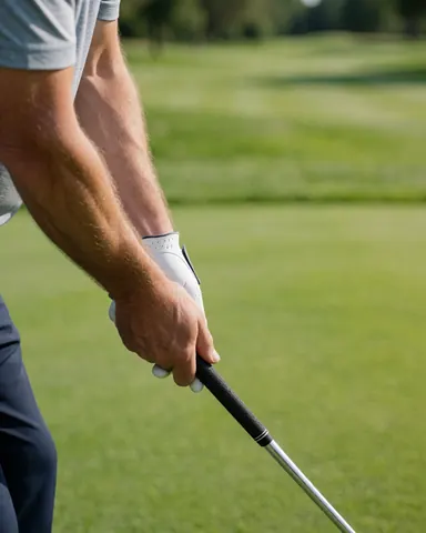 Une main portant un gant blanc tient fermement un club de golf sur un terrain verdoyant sous le soleil.
