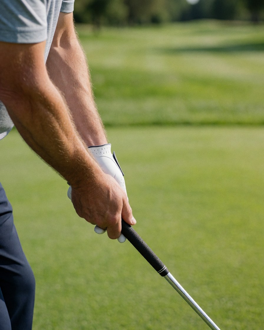 Une main portant un gant blanc tient fermement un club de golf sur un terrain verdoyant sous le soleil.