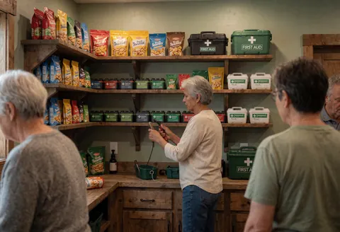 Une personne organise des stocks d'urgence et de collations sur une étagère en bois dans un refuge de montagne aux murs verts, créant une ambiance chaleureuse et bien éclairée.