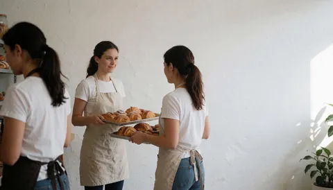 Trois femmes dans une pâtisserie servent des croissants sur des plateaux, avec des murs blancs et de la lumière naturelle.