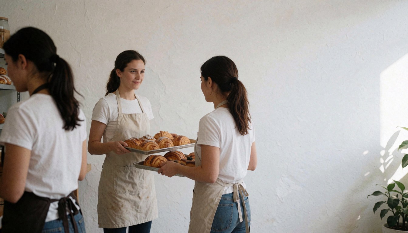 Trois femmes dans une pâtisserie servent des croissants sur des plateaux, avec des murs blancs et de la lumière naturelle.