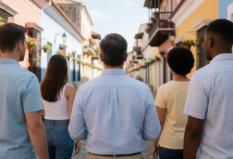Groupe de touristes se promenant sur une rue pavée bordée de façades colorées avec des pots de fleurs sur les balcons ensoleillés.