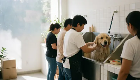 Un groomer lave un grand chien dans un bac en acier inoxydable au sein d'un salon de toilettage aux murs blancs et à la lumière naturelle.