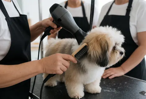 Un professionnel portant un tablier utilise un sèche-cheveux et une brosse pour sécher un chien sur une table de toilettage, sur un fond blanc propre.
